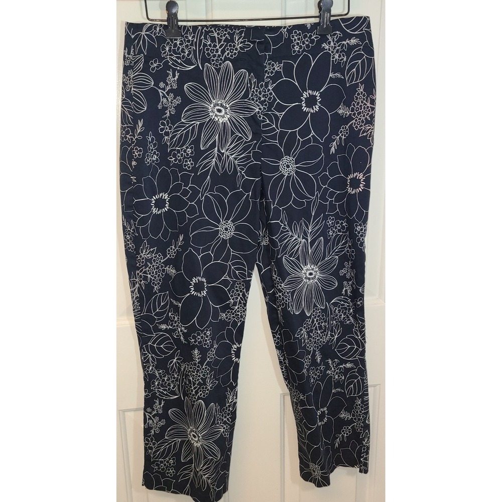 Fashion Bug Blue & White Floral Print Capri Pants Women Sz 12 Office Preppy Chic